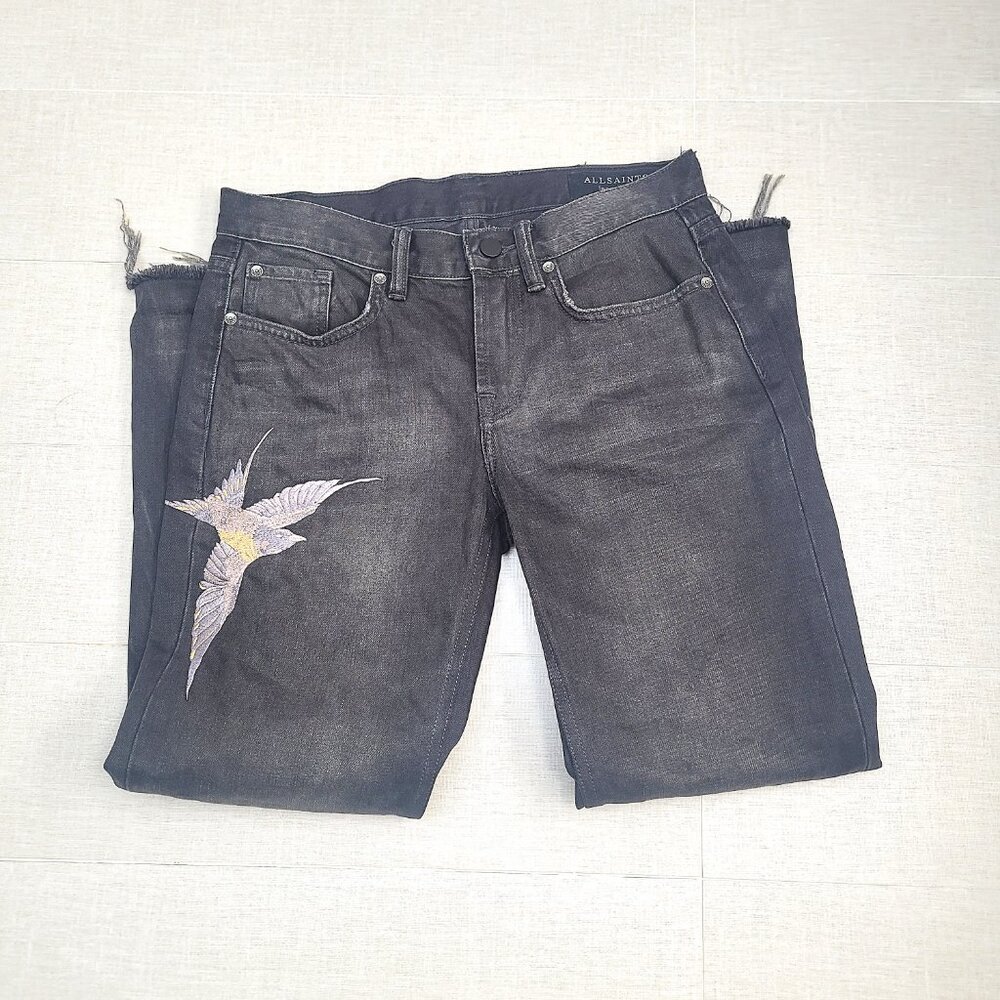 All Saints Bird Embroidered Black Cropped Jeans - Size 25 - Picture 7 of 11